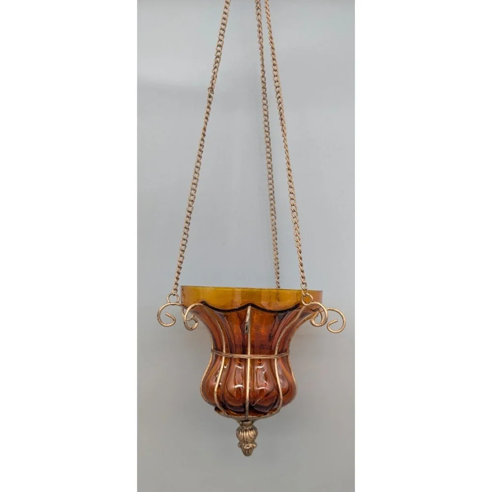 Vintage Hanging Amber Glass Planter 16